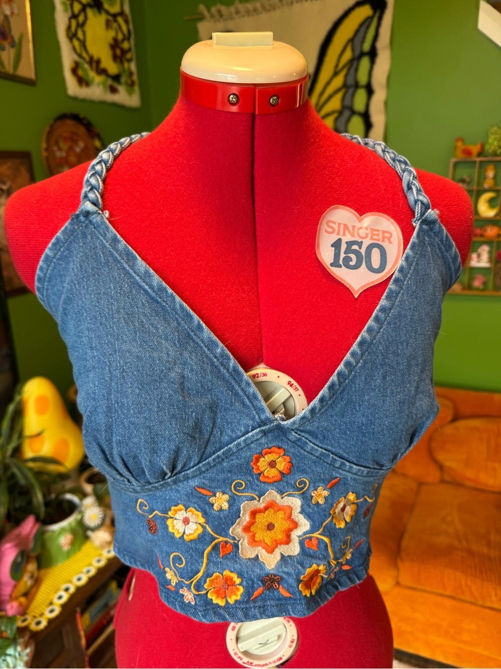 Embroidered Denim Crop Halter Top - Blue